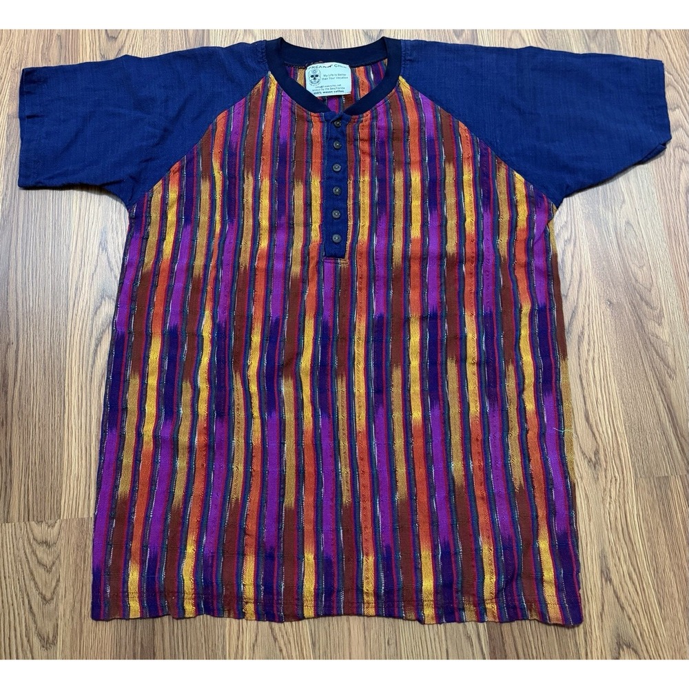 Boho Hippie Shirt Mens Large Henley Striped Ethnic Festival Freak N' Chic